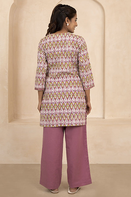 Shuddhi Maroon and Olive Handblock Printed Short Kurti