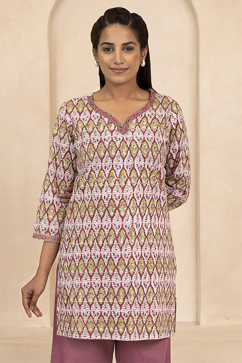 Shuddhi Maroon and Olive Handblock Printed Short Kurti