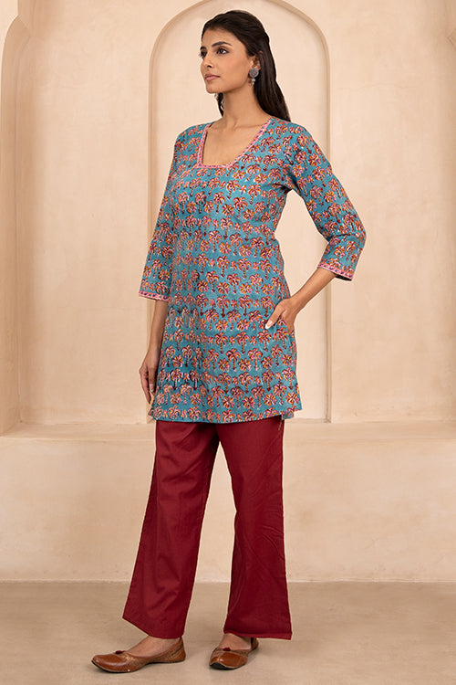 Shuddhi Sea Green Handblock Printed Short Kurti