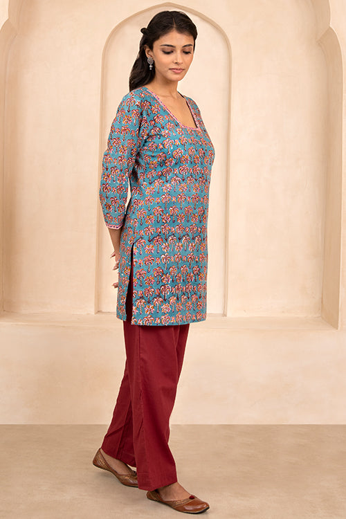 Shuddhi Sea Green Handblock Printed Short Kurti