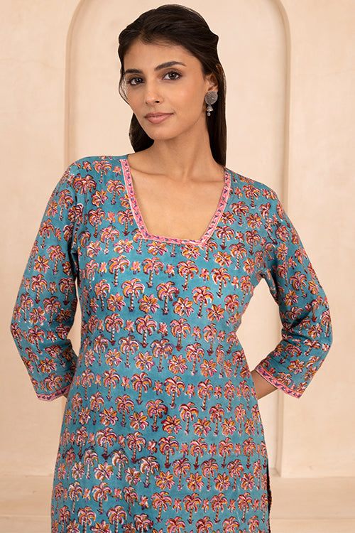 Shuddhi Sea Green Handblock Printed Short Kurti