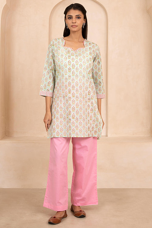 Shuddhi Mint Green Handblock Printed Cotton Short Kurti