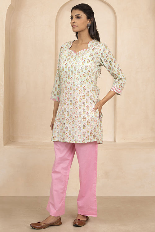 Shuddhi Mint Green Handblock Printed Cotton Short Kurti