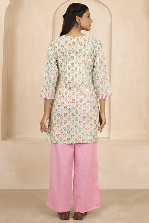 Shuddhi Mint Green Handblock Printed Cotton Short Kurti