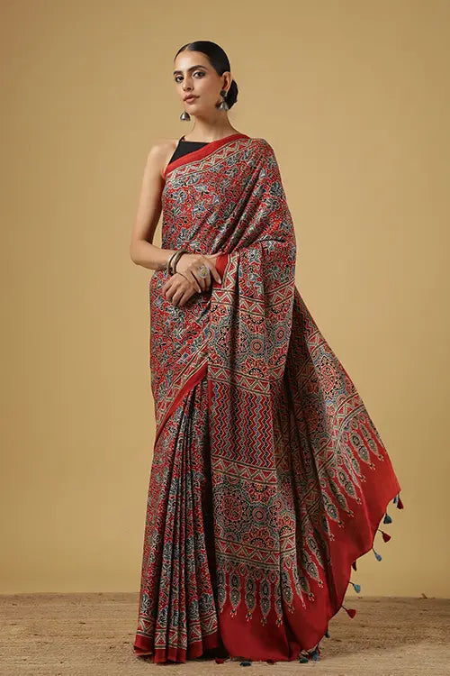Jahangir Khatri - Red Ajrakh Modal Saree