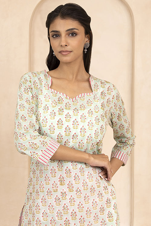 Shuddhi Mint Green Handblock Printed Cotton Short Kurti