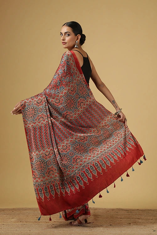 Jahangir Khatri - Red Ajrakh Modal Saree