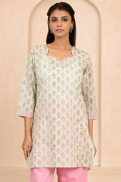 Shuddhi Mint Green Handblock Printed Cotton Short Kurti
