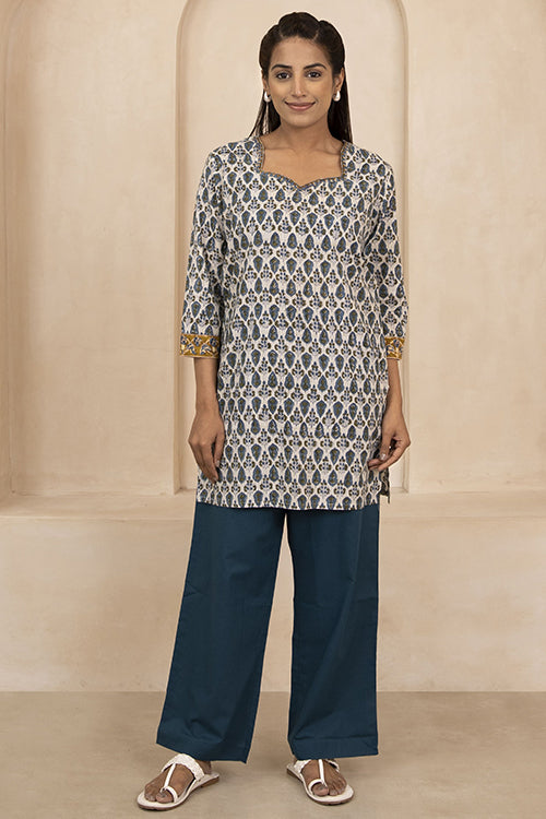 Shuddhi Blue and Olive Green Handblock Printed Short Kurti