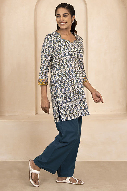 Shuddhi Blue and Olive Green Handblock Printed Short Kurti
