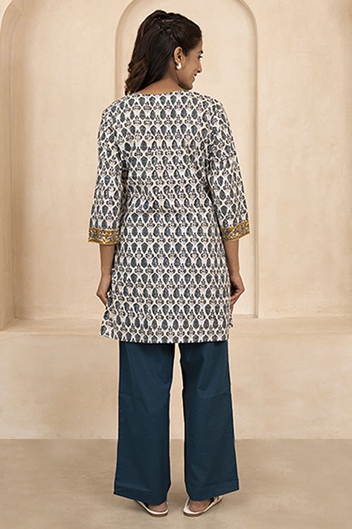 Shuddhi Blue and Olive Green Handblock Printed Short Kurti
