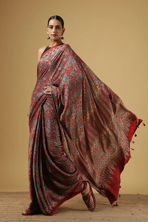 Jahangir Khatri - Red Ajrakh Modal Saree