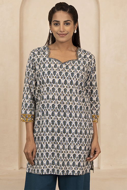 Shuddhi Blue and Olive Green Handblock Printed Short Kurti