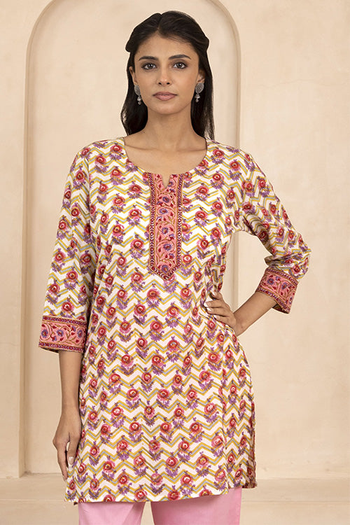 Shuddhi Yellow Handblock Printed Short Kurti