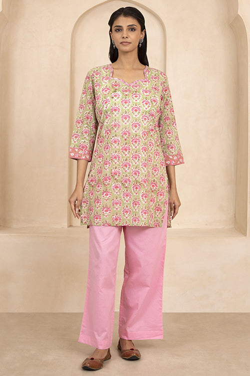 Shuddhi Green Handblock Printed Short Kurti