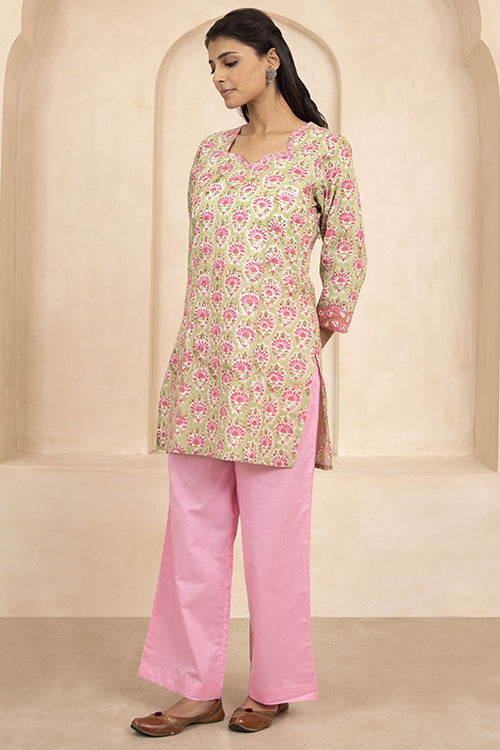 Shuddhi Green Handblock Printed Short Kurti
