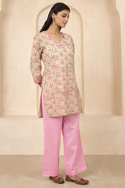 Shuddhi Green Handblock Printed Short Kurti