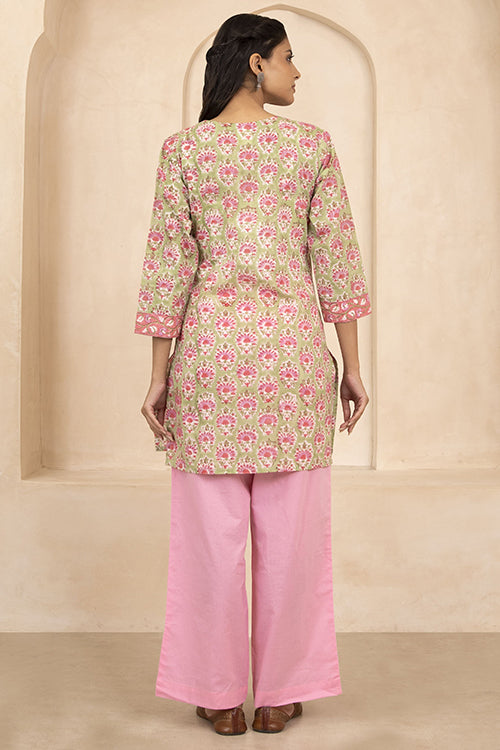 Shuddhi Green Handblock Printed Short Kurti