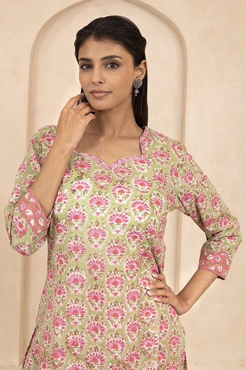 Shuddhi Green Handblock Printed Short Kurti