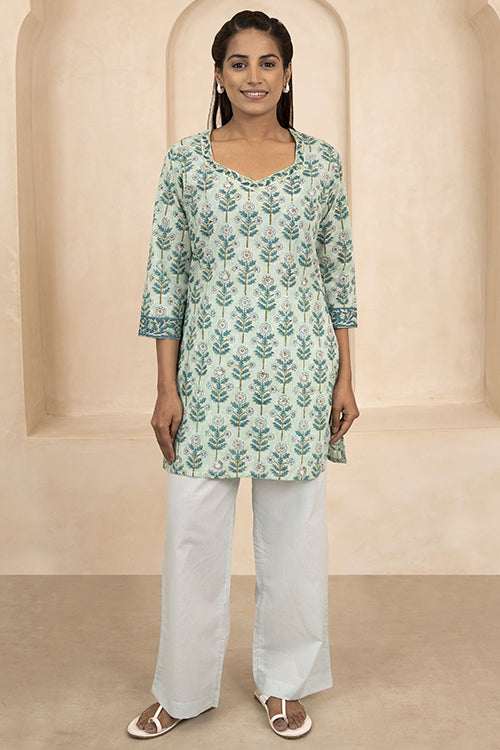Shuddhi Mint Green Handblock Printed Cotton Short Kurti - STSK18