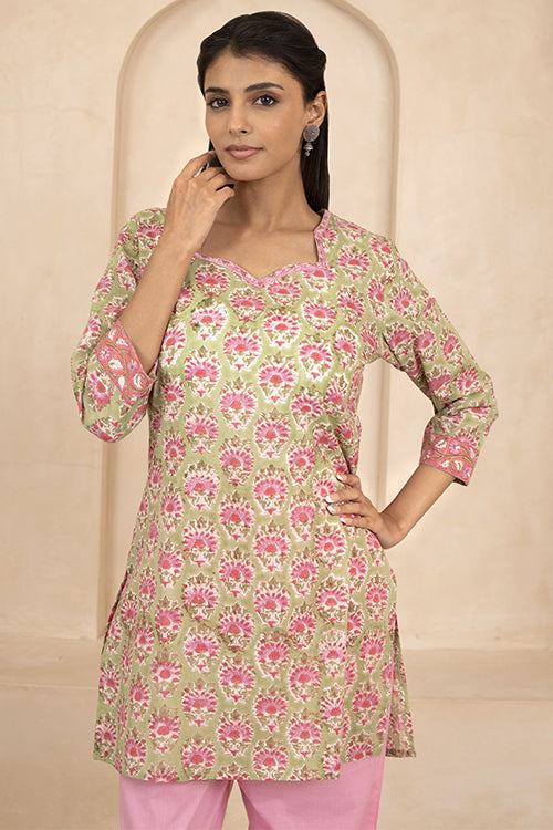 Shuddhi Green Handblock Printed Short Kurti