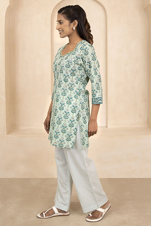 Shuddhi Mint Green Handblock Printed Cotton Short Kurti - STSK18