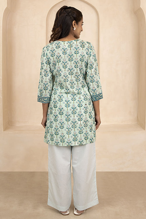 Shuddhi Mint Green Handblock Printed Cotton Short Kurti - STSK18