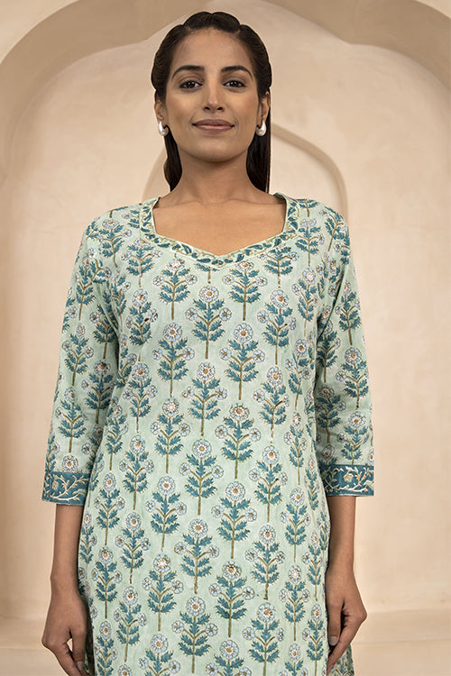 Shuddhi Mint Green Handblock Printed Cotton Short Kurti - STSK18