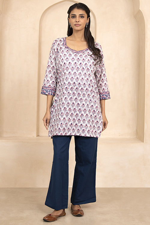 Shuddhi Indigo and Pink Handblock Printed Short Kurti