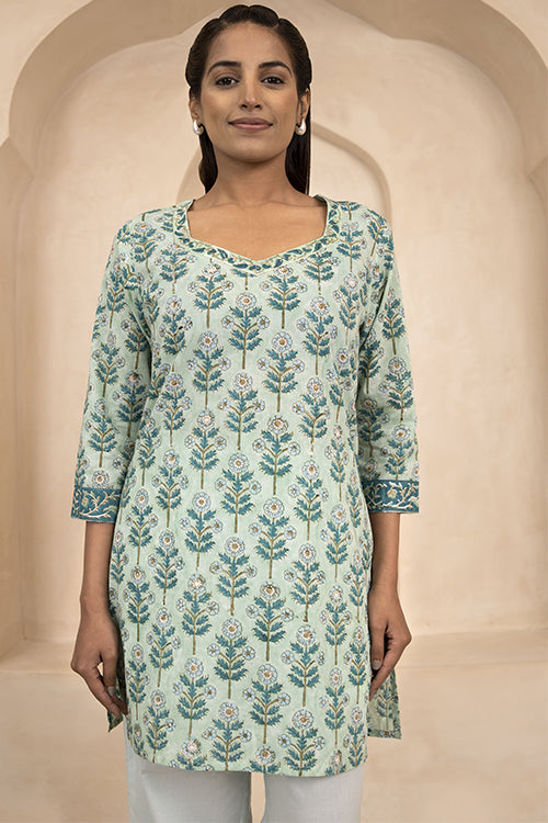 Shuddhi Mint Green Handblock Printed Cotton Short Kurti - STSK18