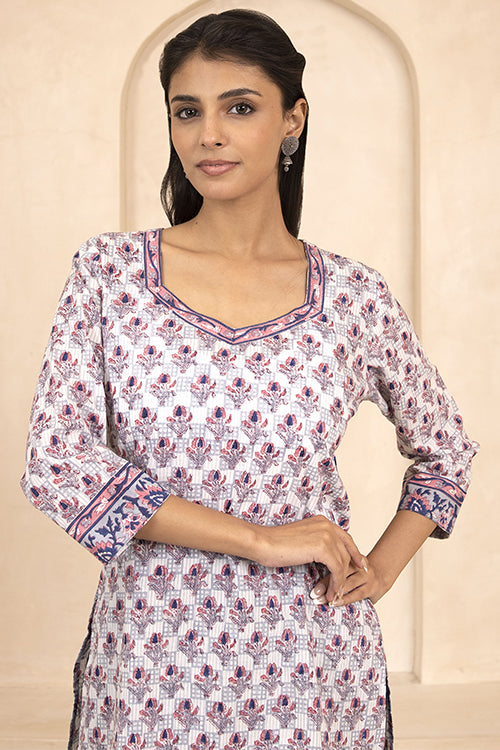 Shuddhi Indigo and Pink Handblock Printed Short Kurti