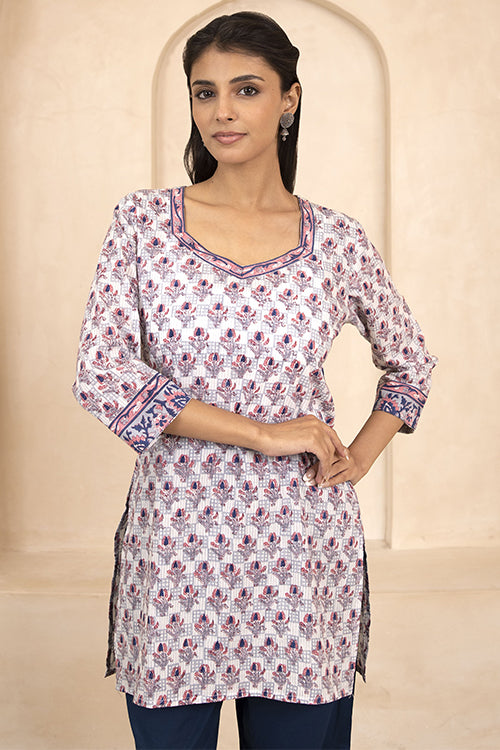 Shuddhi Indigo and Pink Handblock Printed Short Kurti