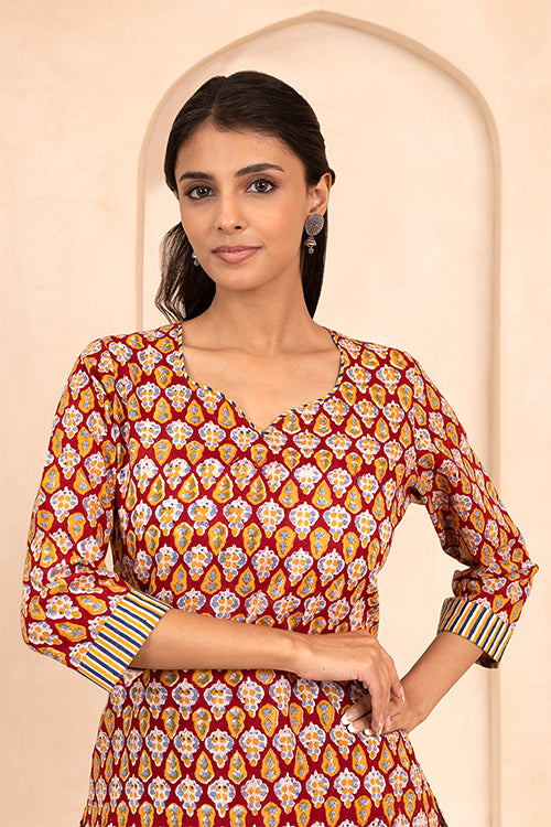 Shuddhi Red Handblock Printed Short Kurti