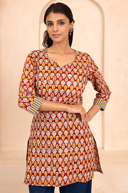Shuddhi Red Handblock Printed Short Kurti