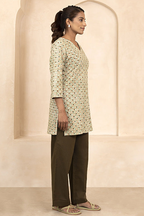 Shuddhi Mint and Beige Handblock Printed Short Kurti