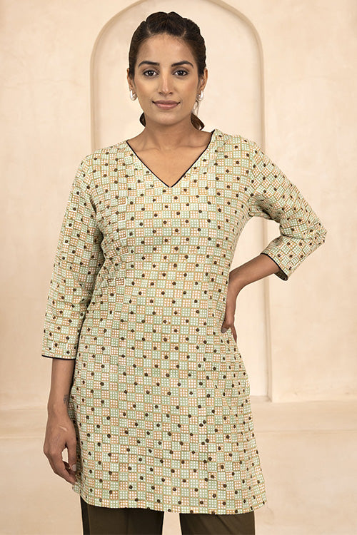 Shuddhi Mint and Beige Handblock Printed Short Kurti