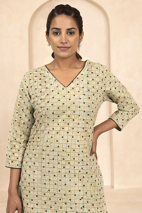 Shuddhi Mint and Beige Handblock Printed Short Kurti