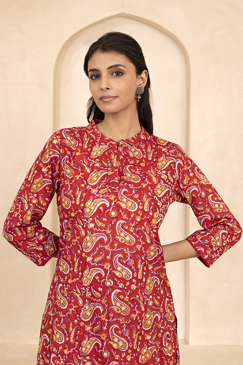 Shuddhi Red Handblock Printed Short Kurti