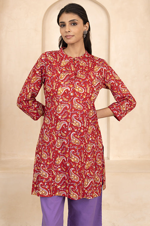 Shuddhi Red Handblock Printed Short Kurti
