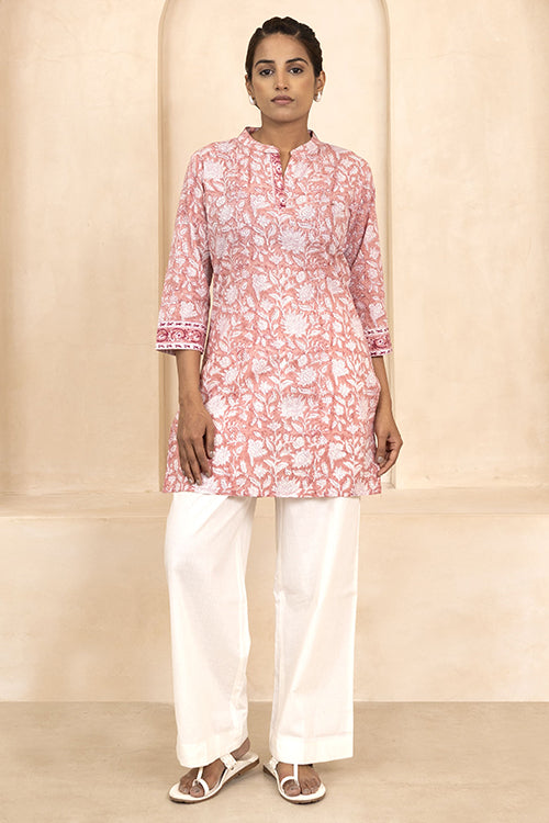 Shuddhi Peach Handblock Printed Short Kurti