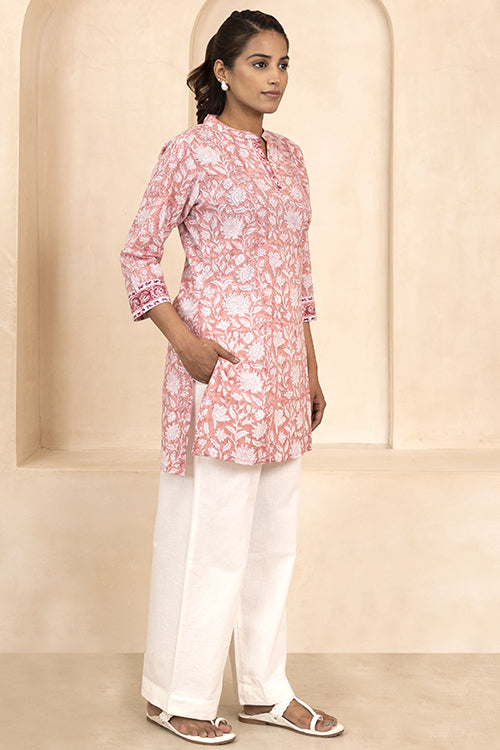 Shuddhi Peach Handblock Printed Short Kurti