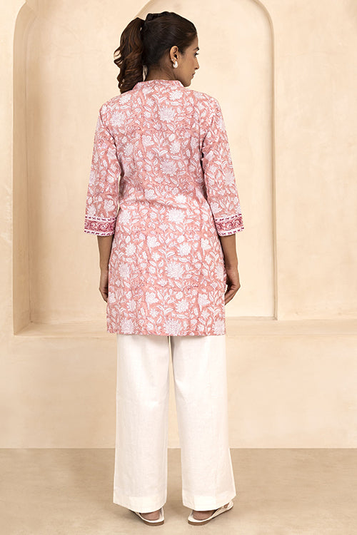 Shuddhi Peach Handblock Printed Short Kurti