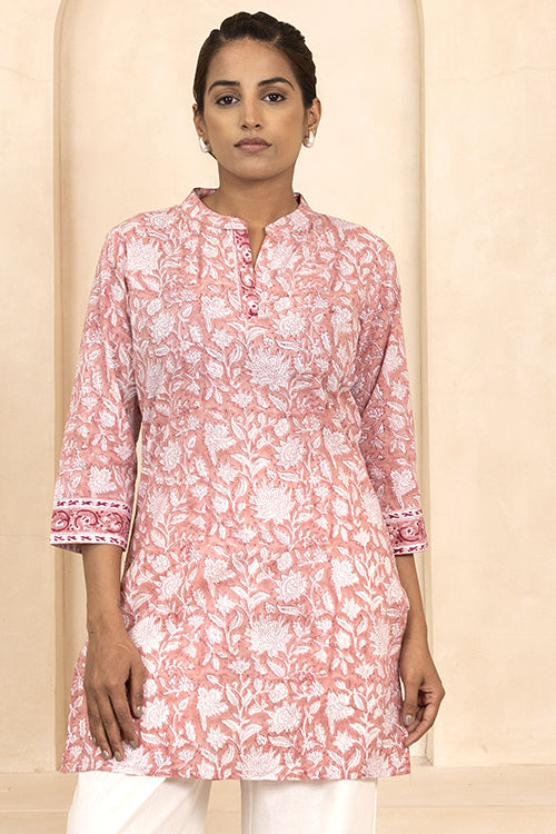 Shuddhi Peach Handblock Printed Short Kurti