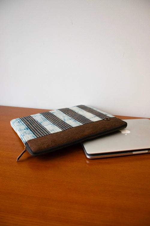 Kirgiti's  Vegan Leather And Multi Striped Dabu Printed Laptop 13In Sleeve