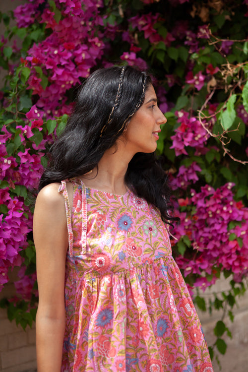 Urmul Payal Pink Bageecha Hand Embroidered Cotton Dress For Women Online 