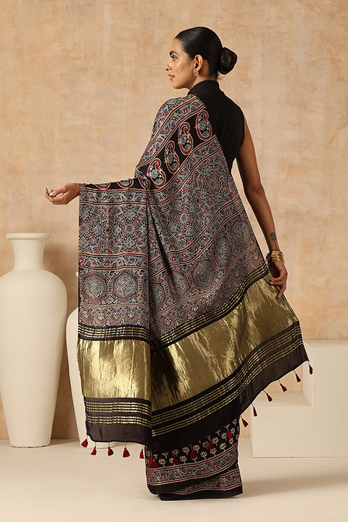 Jahangir Khatri - Black Ajrakh Modal Tissue Saree - 041