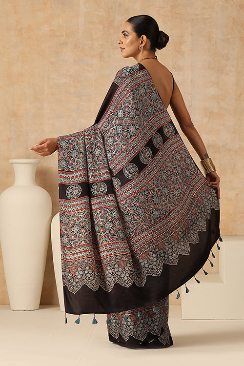 Jahangir Khatri - Black & Magenta Ajrakh & Bandhani Modal Saree - 006