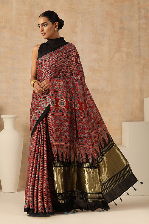 Jahangir Khatri - Red Ajrakh Modal Tissue Saree - 032