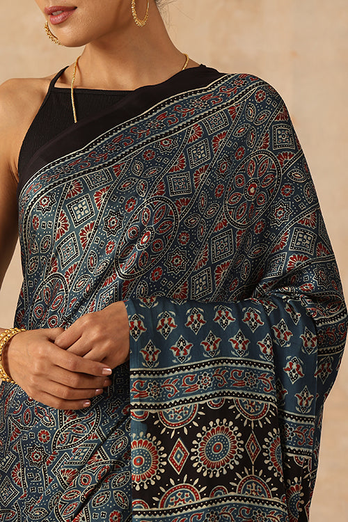 Jahangir Khatri Handblock Printed Indigo Blue Ajrakh Saree Online - 35