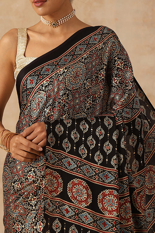 Jahangir Khatri Handblock Printed Black Ajrakh Saree Online - 034